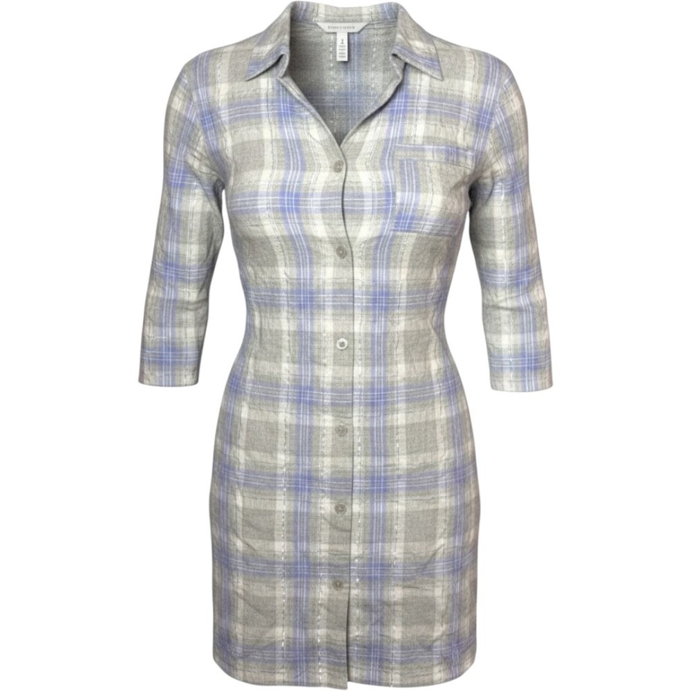 Talbots Women's Size Medium Plaid Purple Silver Button Up Night Shirt Sleep